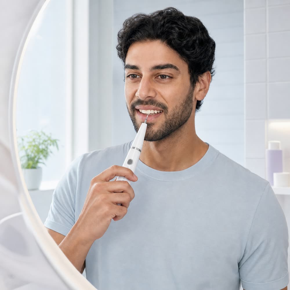 A man using the SmileAura Ultrasonic Tooth Cleaner at his bathroom mirror