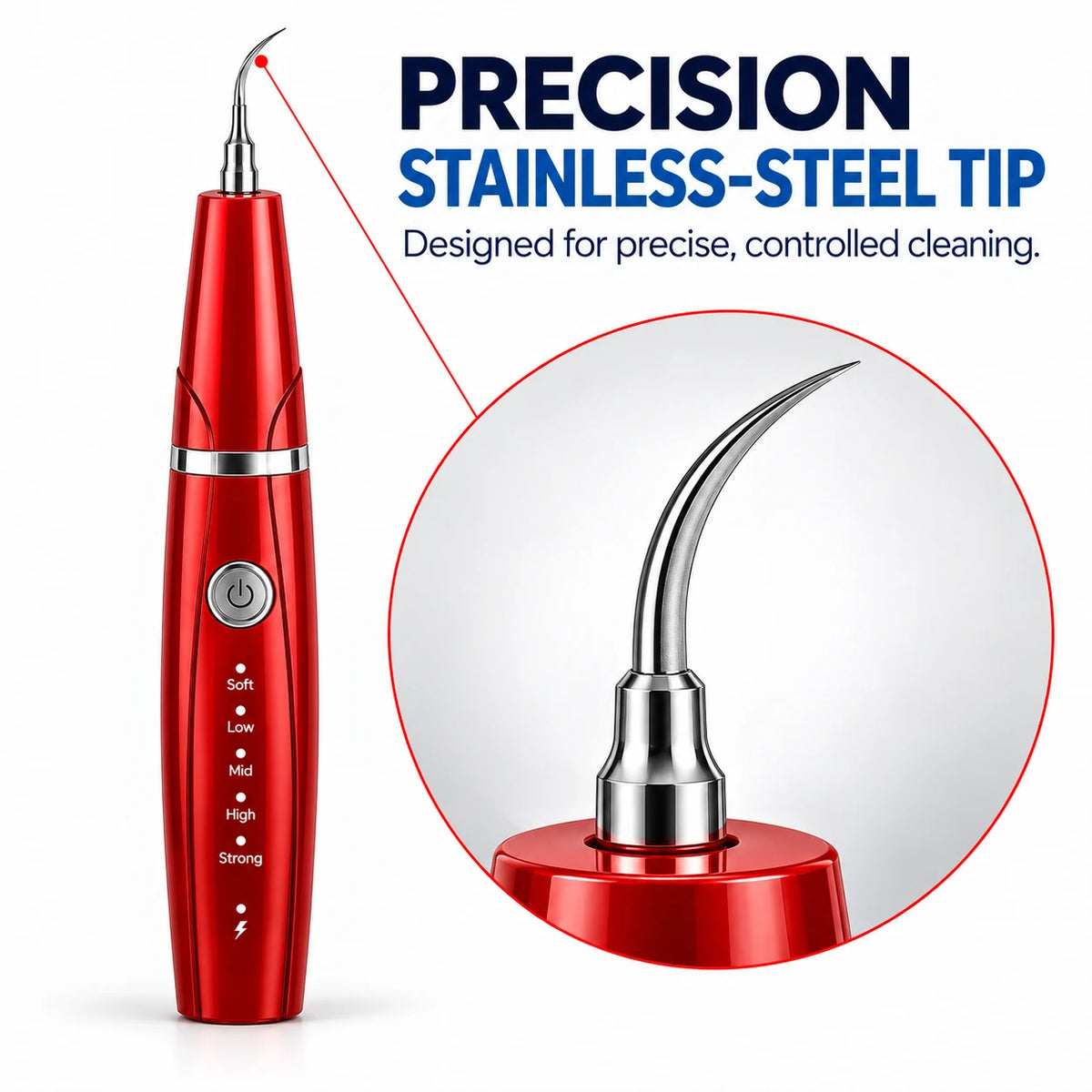 SmileAura ultrasonic tooth cleaner in red - precision stainless steel tip